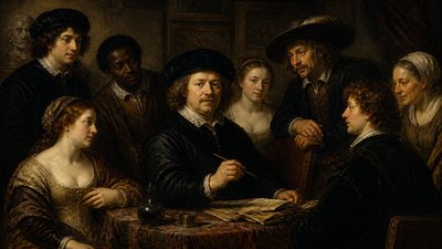 artist Rembrandt with his models
