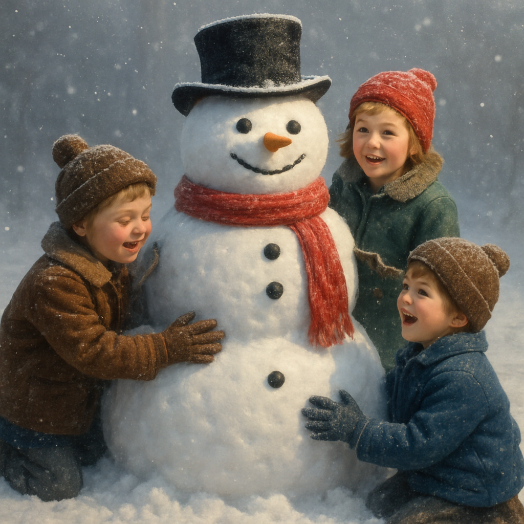 A Norman Rockwell style image portraying a fully built snowman with a smile on it's face and children all around it enjoying their snowy creation.