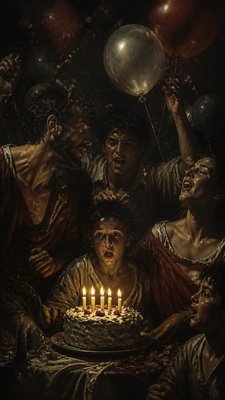 a birthday cake with lit candles surrounded by balloons and confetti, festive vertical composition, no text