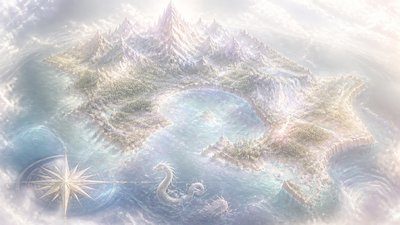a map of an island realm with mountains, forests, a sheltered bay, sea monsters in the water and a compass rose, no text labels