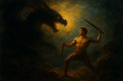 a painting of a man holding a sword next to a demon