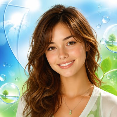 head-and-shoulders portrait of an original character: a young woman with wavy chestnut hair and a warm smile, plain soft backdrop