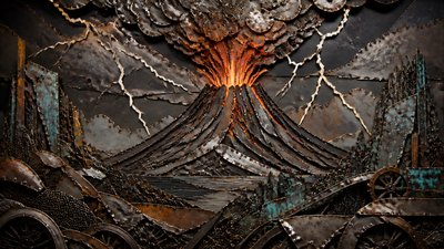 an erupting volcano with lightning strikes, dramatic wide composition, no text