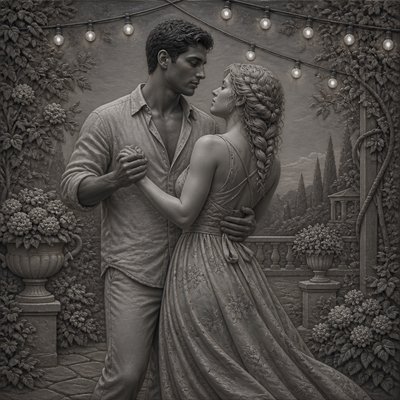an original couple dancing under string lights in a garden at dusk: a man with short black hair in a linen shirt and a woman with braided red hair in a summer dress