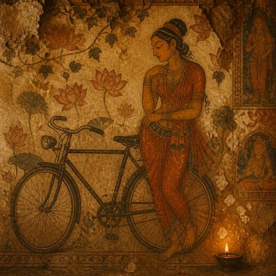 bicyle resting against a wall — Ancient Indian Mural Art Style