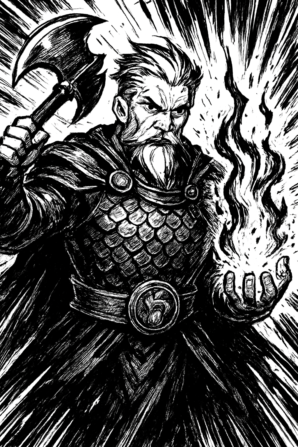 a black and white drawing of a man holding a hammer