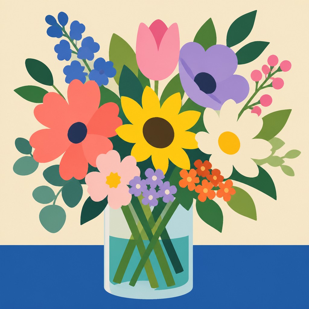 bouquet of flowers in a glass vase — Flat Shape Art Style
