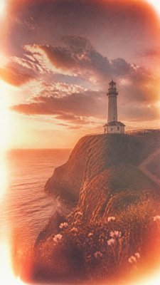 a lone lighthouse on a cliff at dusk under a dramatic sky, no text or lettering