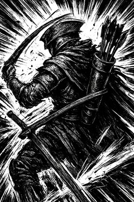a black and white drawing of a man holding a bow