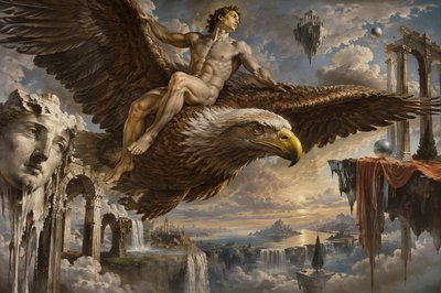 ancient greek ignudi athlete flying on the wings of a huge eagle