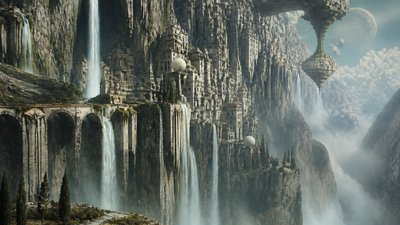 a cliffside city with waterfalls cascading into a misty canyon, wide establishing shot, no people, no text