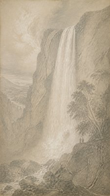 towering waterfall cascading down a cliff