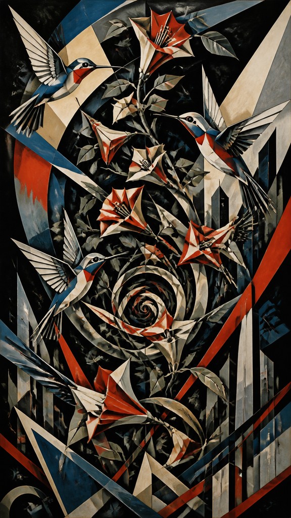 a climbing vine of flowers and hummingbirds on a dark background, tall wrapping composition, no text