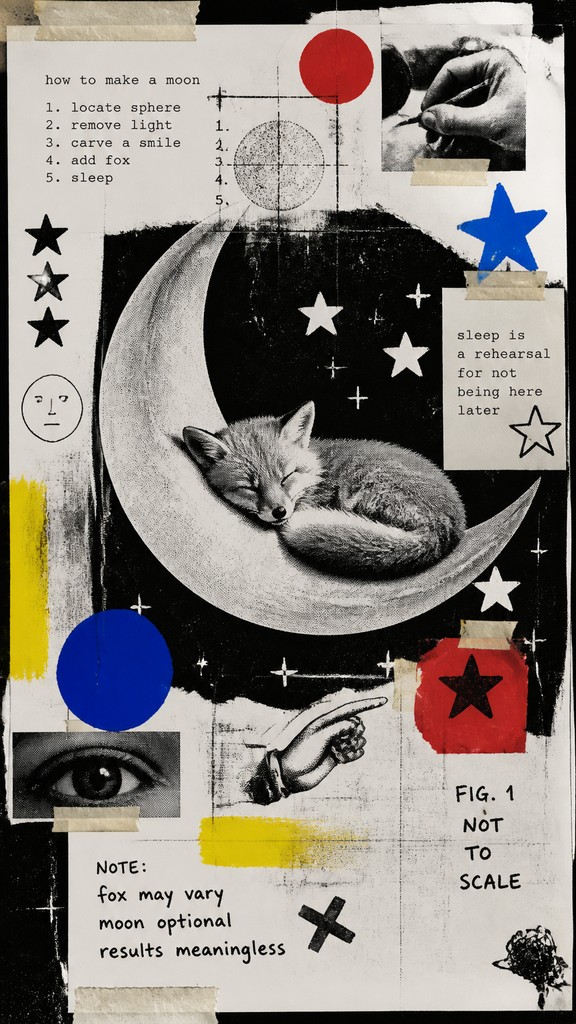 a sleeping baby fox curled on a crescent moon among soft stars, gentle and warm, no text