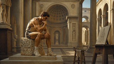 seated athlete posing as the Great Thinker for a sculptor