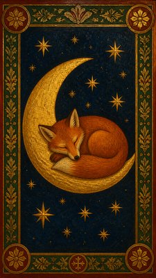 a sleeping baby fox curled on a crescent moon among soft stars, gentle and warm, no text