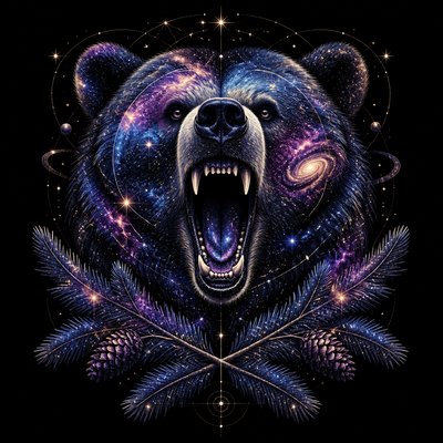 a roaring bear head above crossed pine branches, bold graphic composition on a plain background, no text