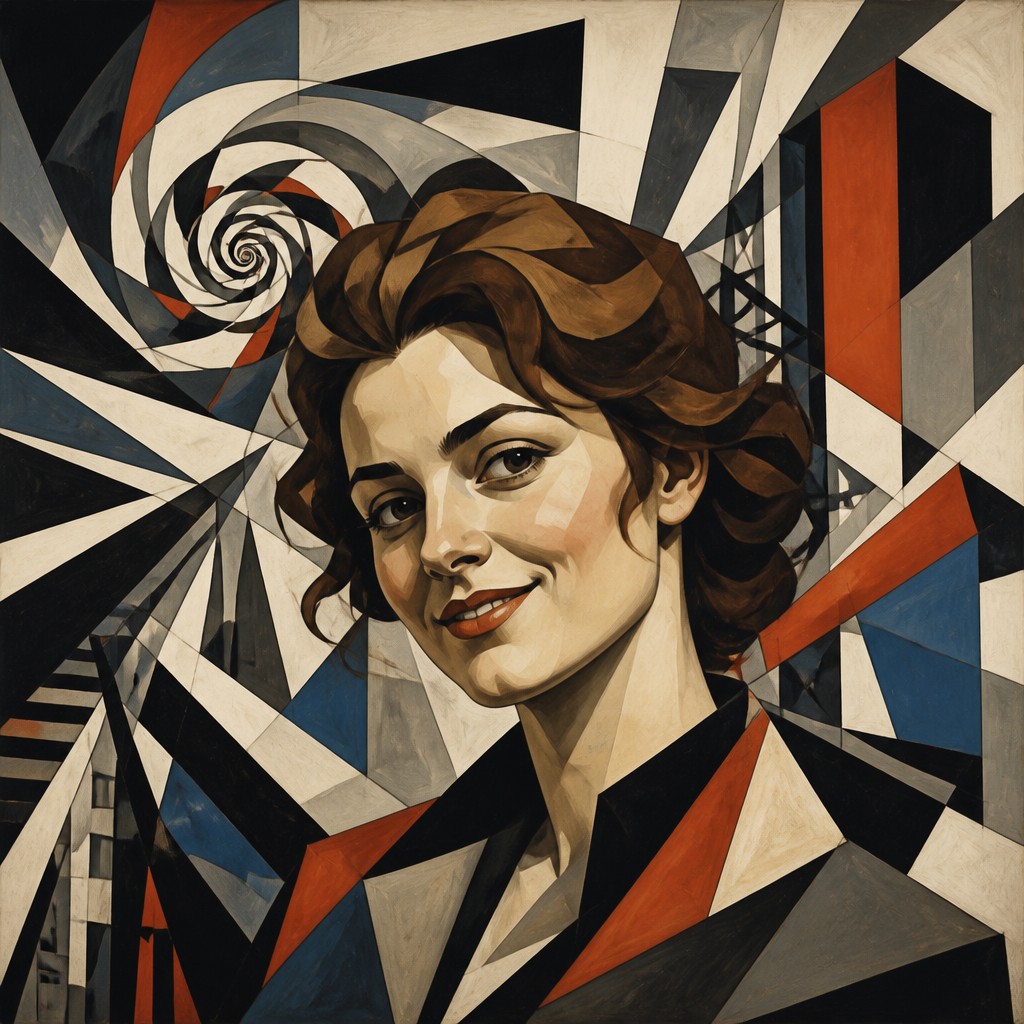 head-and-shoulders portrait of an original character: a young woman with wavy chestnut hair and a warm smile, plain soft backdrop