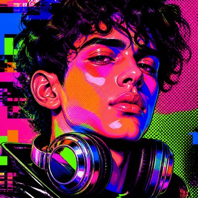 head-and-shoulders portrait of an original character: a young man with curly dark hair and headphones around his neck, plain backdrop, no text