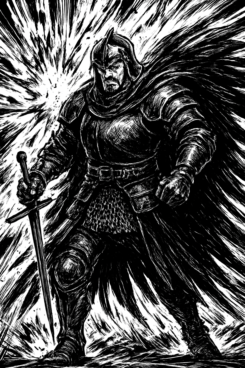 a black and white drawing of a knight