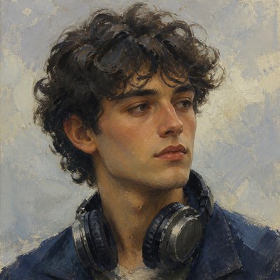 head-and-shoulders portrait of an original character: a young man with curly dark hair and headphones around his neck, plain backdrop, no text