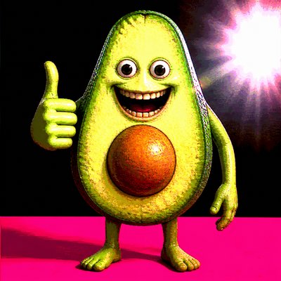 a happy avocado character giving a thumbs up, bold readable design on a plain background, no text