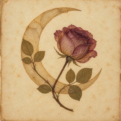 a rose entwined with a crescent moon, clean balanced composition on a plain background, no text