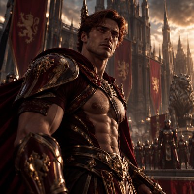 Je veux que tu me fasses un guerrier, tres modern avec une armure moderne genre full rouge sombre doré on voit ses muscle et il a pas de barbe et des cheveux ondulé court il est hot et un peu poilu pour le realisme il est roue cheveux et a des yeux rouge foncé vif on dirait presque un dieu dans le theme des rois de anglettere ancien moderne
