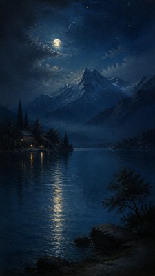 a tranquil mountain lake beneath a starry night sky, no people, no text
