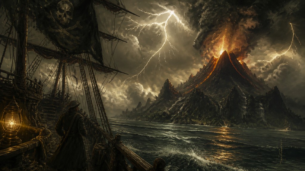 an erupting volcano with lightning strikes, dramatic wide composition, no text