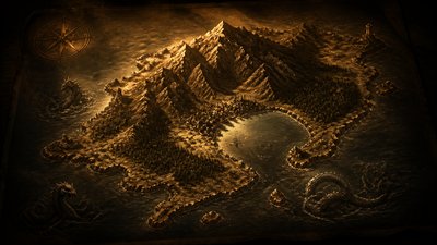 a map of an island realm with mountains, forests, a sheltered bay, sea monsters in the water and a compass rose, no text labels