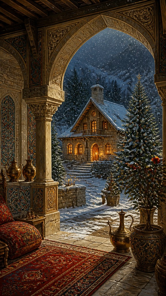 a snow-covered cottage with warm glowing windows beside a decorated pine tree, gentle snowfall, no text