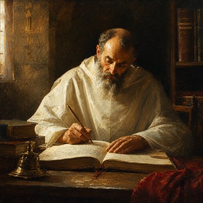 Augustine of Hippo in a plain white robe writing his autobiography