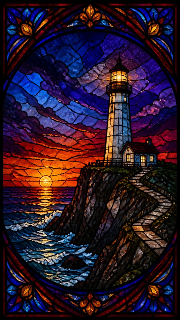 a lone lighthouse on a cliff at dusk under a dramatic sky, no text or lettering