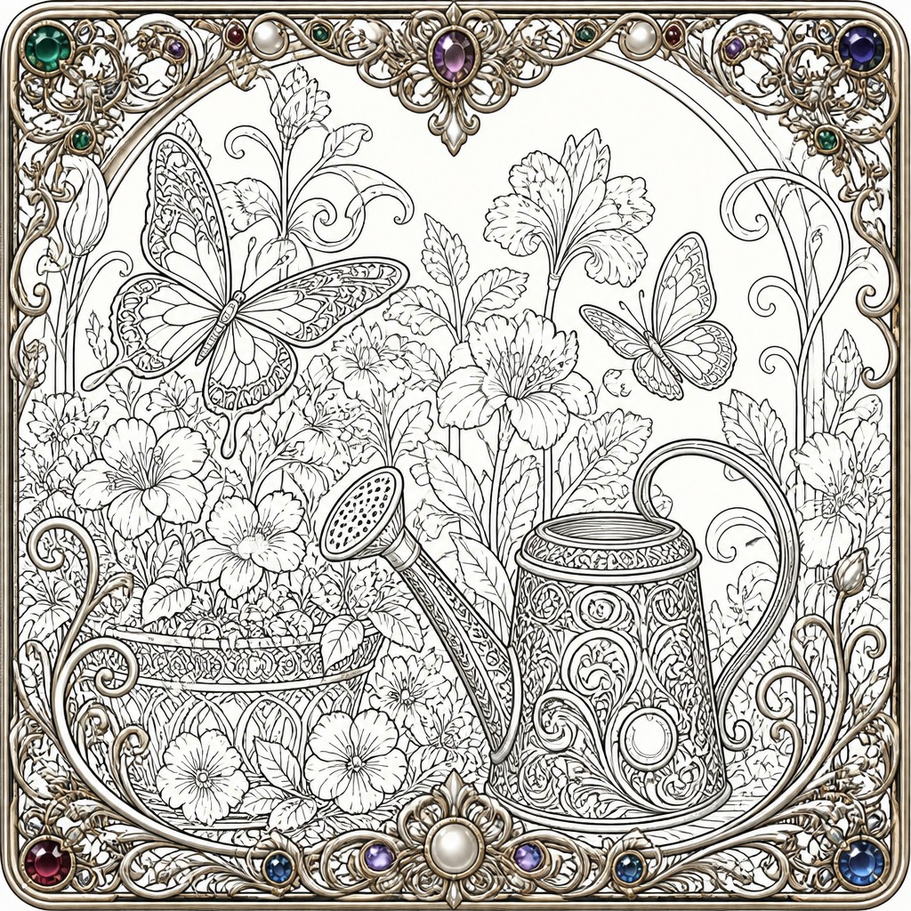 a garden scene with butterflies, flowers and a watering can, clean uncolored line art, no text