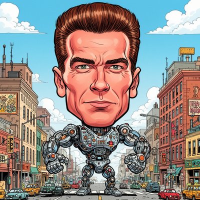 Arnold Schwarzenegger, extreme caricature, enormously tall crew cut hair, massive muscles, tiny lower body, exaggerated robotic expression, big head on tiny body, thick crisp black outlines, vibrant saturated colors, clean comic illustration style