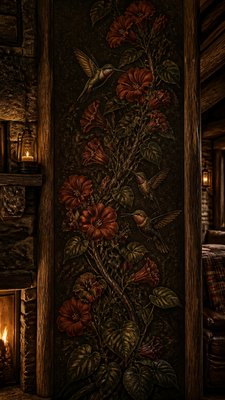 a climbing vine of flowers and hummingbirds on a dark background, tall wrapping composition, no text