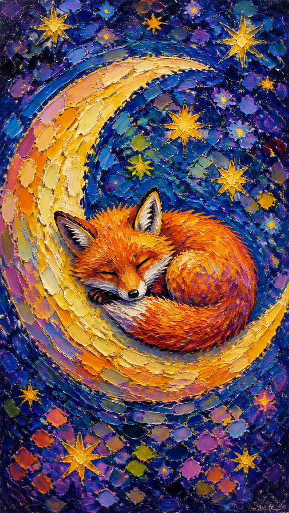 a sleeping baby fox curled on a crescent moon among soft stars, gentle and warm, no text