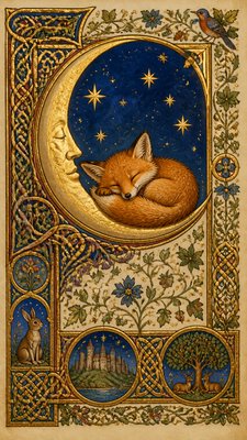 a sleeping baby fox curled on a crescent moon among soft stars, gentle and warm, no text