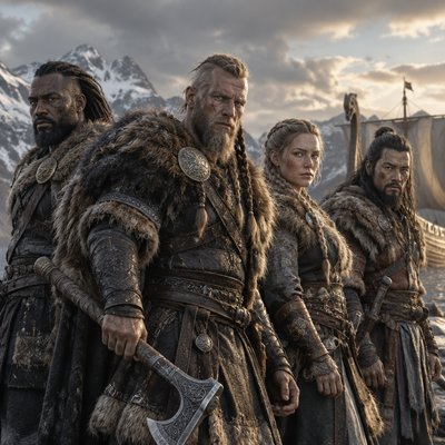 Fais moi quatre personnages trois hommes, une femme tous les trois de ethnie différentes, on dirait des vikings tous les quatre