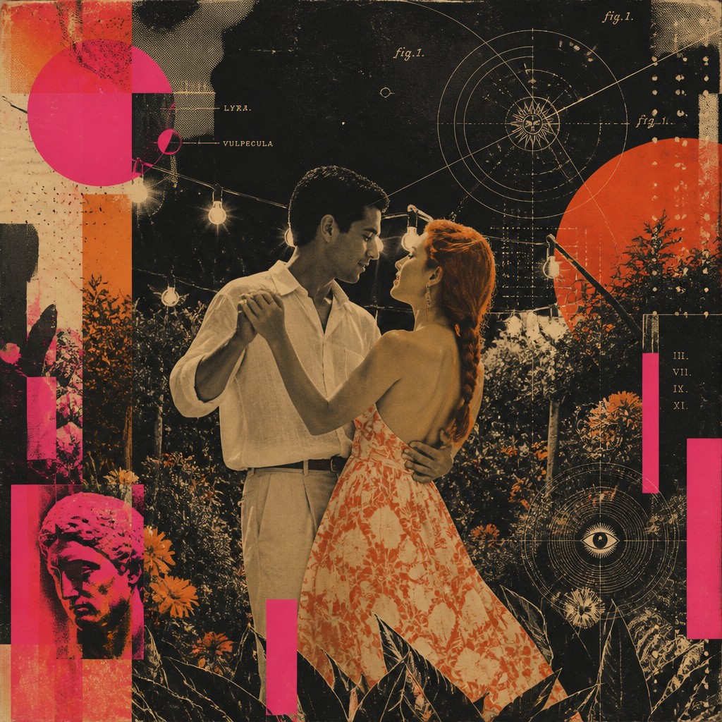 an original couple dancing under string lights in a garden at dusk: a man with short black hair in a linen shirt and a woman with braided red hair in a summer dress