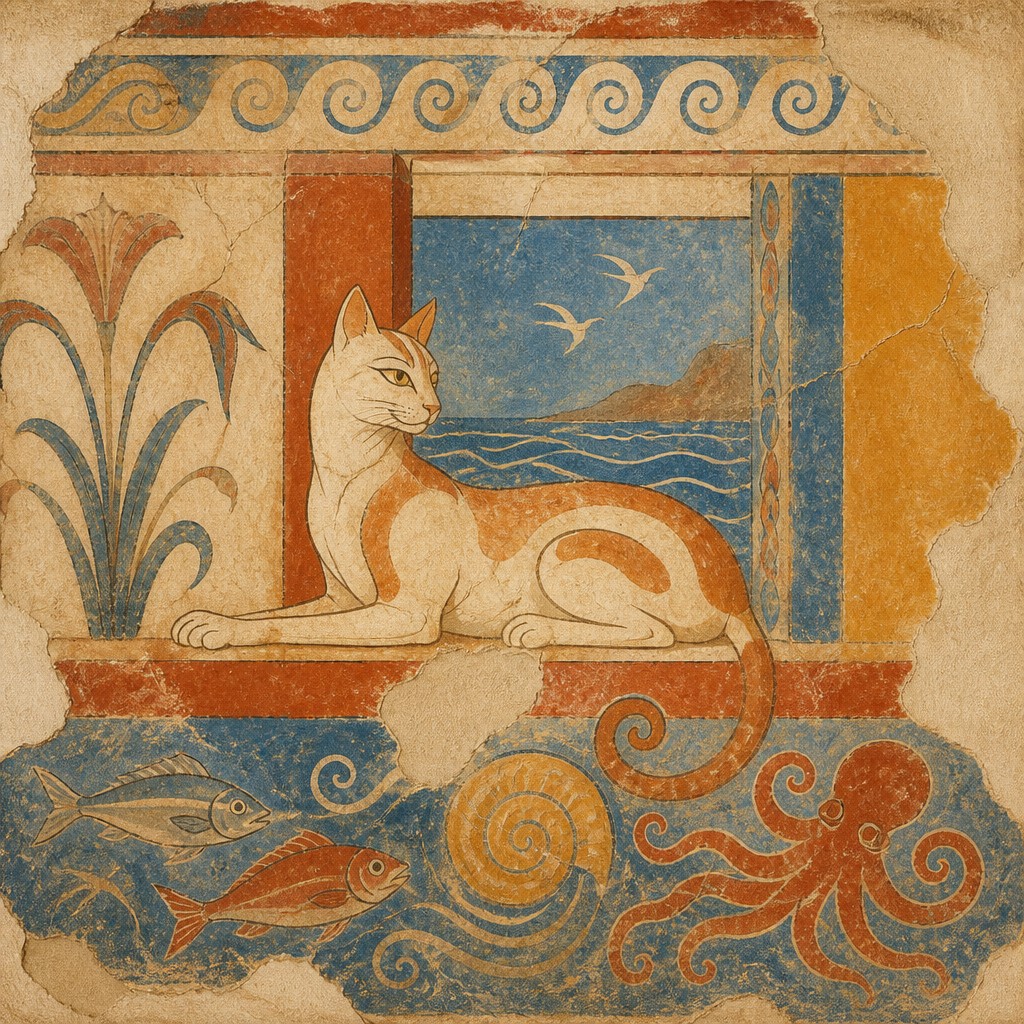 a cat lounging in a sunlit window — Minoan Fresco Art Style