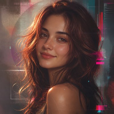 head-and-shoulders portrait of an original character: a young woman with wavy chestnut hair and a warm smile, plain soft backdrop