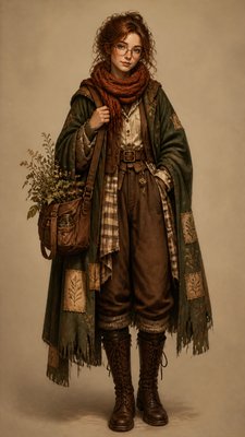 full-body original character: a wandering botanist with a satchel of plants, a patched green cloak, tall boots and round glasses, neutral background