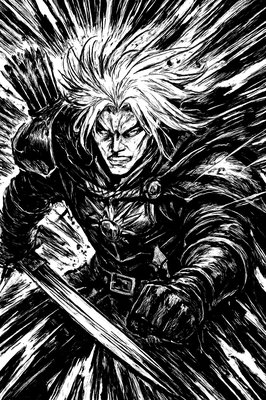 a black and white drawing of a man holding a sword