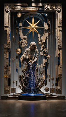 a robed figure pouring water beneath a large eight-pointed star in a night sky, symmetrical composition with an ornate decorative border, no text