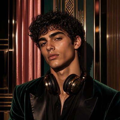 head-and-shoulders portrait of an original character: a young man with curly dark hair and headphones around his neck, plain backdrop, no text