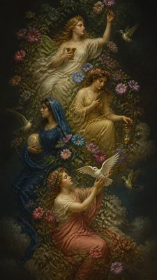 a climbing vine of flowers and hummingbirds on a dark background, tall wrapping composition, no text