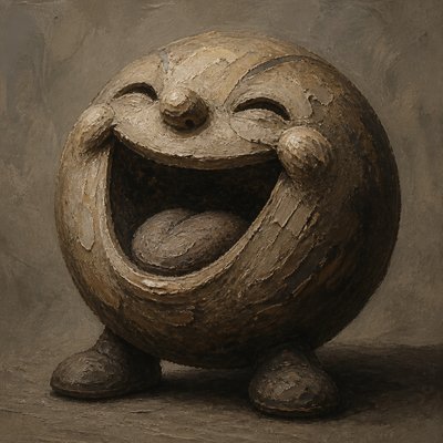 an exaggerated laughing face of an original round mascot character, bold and readable at small size, plain background, no text