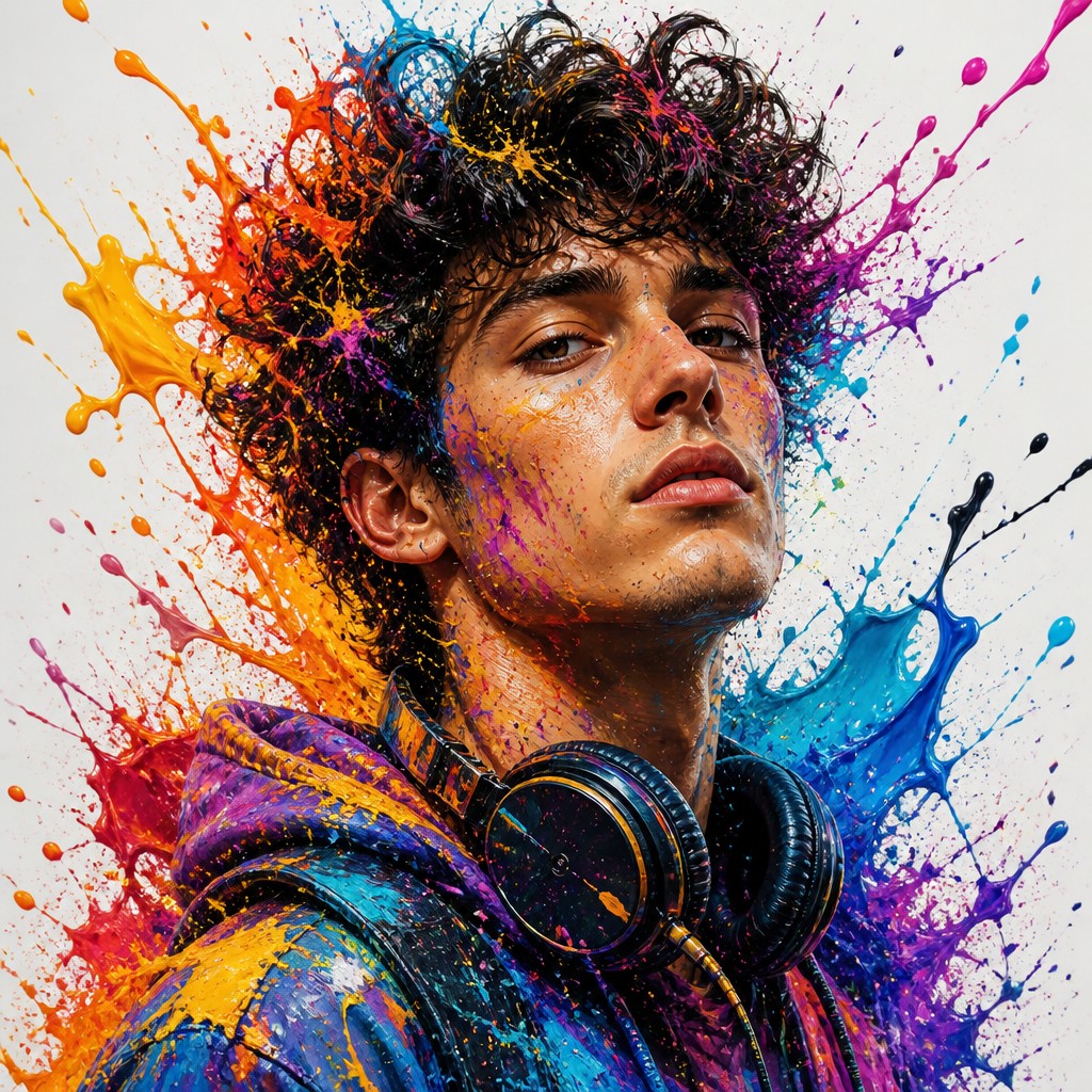 head-and-shoulders portrait of an original character: a young man with curly dark hair and headphones around his neck, plain backdrop, no text